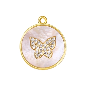 Close-up of a round gold-plated pendant featuring white mother of pearl and a diamond butterfly