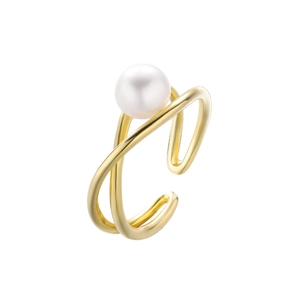 Minimalist gold S925 silver cross ring with white pearl on white background