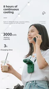 Detail of green portable neck fan with 3000mAh battery shown on a female model