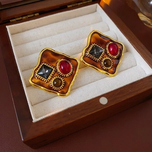 Boucles D'oreilles Géométriques Carrées Vintage Alliage Strass Résine Avec Tige En Argent Baroque Bijoux De Luxe Pour Femmes