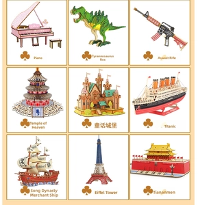 Collection of various 3D wooden aircraft, building, and dinosaur puzzle kits for kids