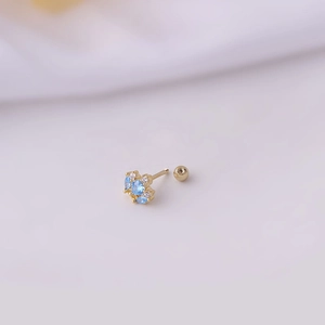 Gold titanium steel cartilage stud featuring blue and clear zircons with screw ball back
