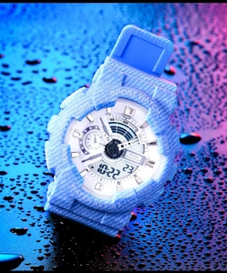 Detail of waterproof sports digital watch featuring blue camouflage and dual display