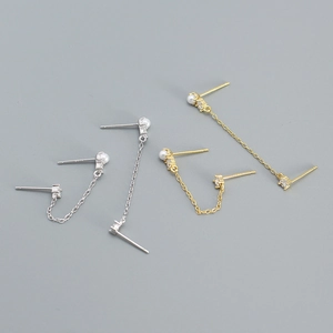 French Style Double Piercing Chain Earrings With Faux Artificial Pearl Zircon And 925 Sterling Silver Earring Post For Women