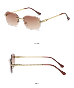 Detail view of rimless square sunglasses with tea gradient lenses and gold diamond temples