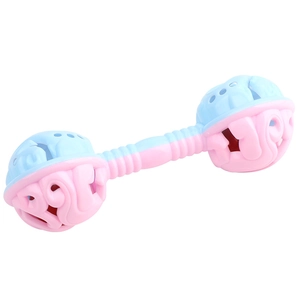 Pastel macaron color dumbbell-shaped baby rattle toy with embossed hollow ball design