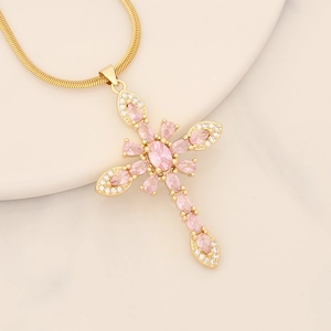 18K gold plated cross necklace with pink oval gemstones and micro-pave crystals