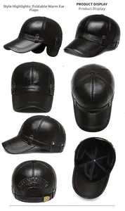 Detail view of brown leather baseball cap with ear flaps and adjustable metal buckle