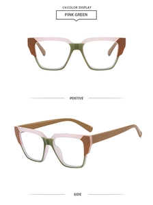 Detail view of pink and green square TR90 glasses frames from front and side angles