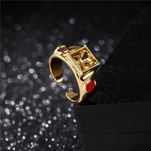 Retro Bohemian 18K gold plated open ring featuring multi-color crystals on a dark base