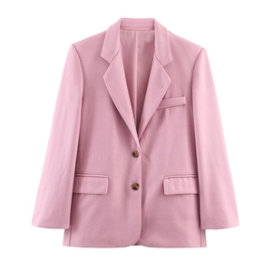 Women Oversized Pink Woolen Blazer Jacket Notched Lapel Single Breasted Long Sleeve Casual Office Suit Outerwear