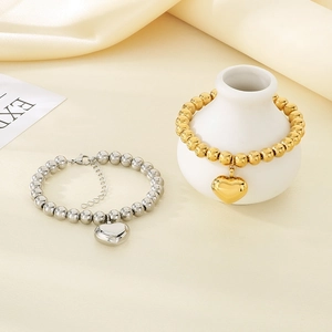 18K gold and silver plated bead bracelets with polished heart pendants and lobster clasp