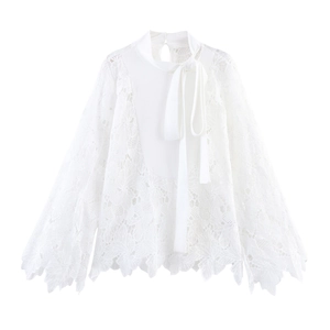 Women Elegant Lace Blouse Long Sleeve Bow Tie Neck Floral Hollow Out See Through White Top