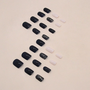 Short square navy blue and white press-on nails with golden glitter star sequence