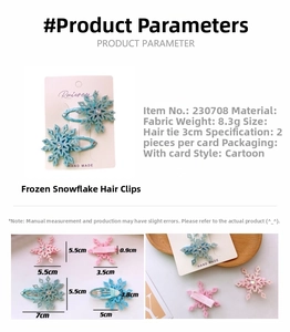 Detailed view of handmade glitter snowflake hair clips with size and weight dimensions