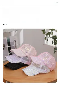 Detail of glittery sequin mesh baseball caps in multiple colors for summer sun protection