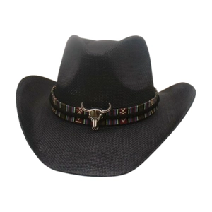 Chapeau de cowboy western noir avec accessoire tête de taureau argentée et ruban ethnique