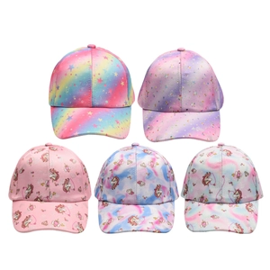 Kids unicorn and rainbow baseball caps with glitter details in five colorful styles