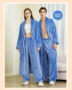 Peignoir épais en flanelle bleu marine avec pantalon assorti pour couples