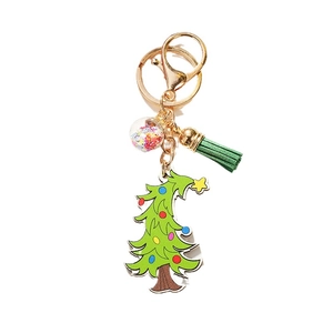 Porte-clés sapin de Noël en bois avec pompon vert et boule à paillettes colorées