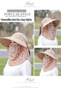 Detail of khaki outdoor sun hat with breathable mesh and floral neck protection cover