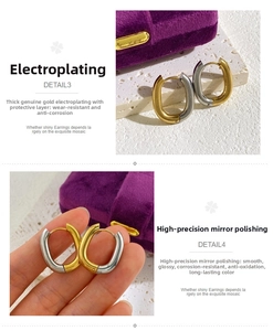 Detail of two-tone gold and silver U-shaped earrings with high-mirror polished finish