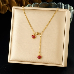 Heart Pendant Necklace Stainless Steel Red Enamel Y-Shaped Lariat Gold Plated Clavicle Chain Minimalist Jewelry For Women