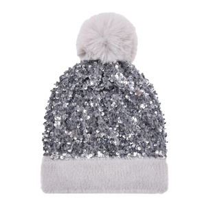 Detail view of the gray sequin knit hat with faux fur trim and fluffy pompom