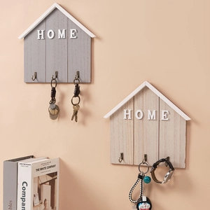 Wall Mounted Wood And Metal Key Holder House Shaped Hook Rack Home Entrance Decorative Sign Nordic Style Hanger
