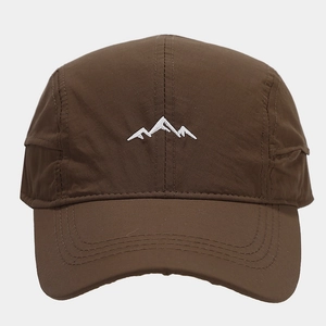 Close-up of white mountain peak embroidery on a dark brown quick-dry baseball cap
