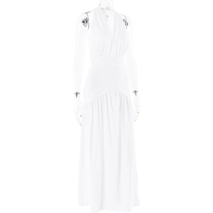 Detail of elegant white halter neck dress featuring pleated waist and flowing high slit skirt