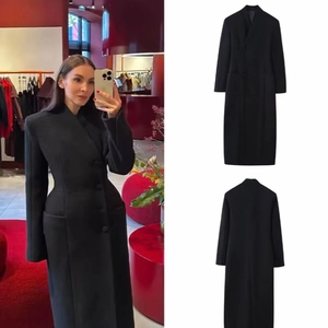 Manteau Long En Laine Pour Femmes Élégant Coupe Ajustée Silhouette Sablier Col Tailleur Pardessus En Polyester