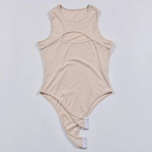 Detail view of ribbed knit texture and teardrop cutout on beige sleeveless bodysuit