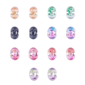 Detail of 14 colorful crystal beads with unique speckled patterns for DIY bracelets