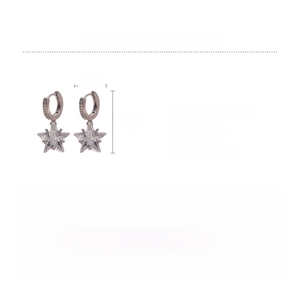 Detail showing silver star earrings size 2.5cm by 1.5cm with cubic zirconia stones