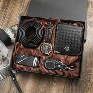 5-Piece men's business gift set featuring a watch, leather belt, wallet, and key ring