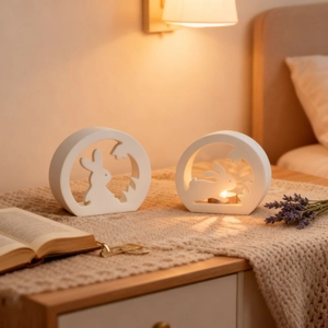 White ceramic Easter bunny cutout candle holders in a warm decorative bedroom setting