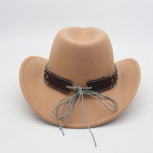 Detail of khaki felt cowboy hat with leather rivet band and decorative stitching