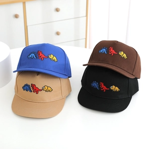 Kids baseball cap featuring cartoon dinosaur embroidery in four different colors