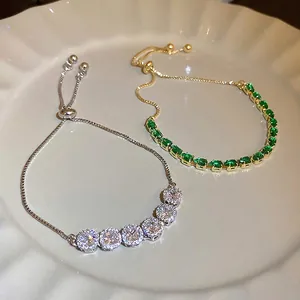 Adjustable Bracelet Zircon Emerald Green White Stone Copper Dainty Jewelry For Women Elegant Accessory