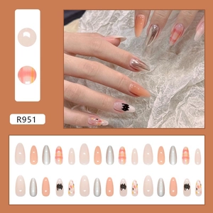 Cartoon cat and plaid press-on nail set with orange and silver mirror finish almond shape