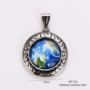 Detailed view of a 30mm stainless steel world map pendant with Greek key pattern carving