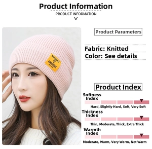 Detailed view of pink knitted beanie with texture and product performance chart