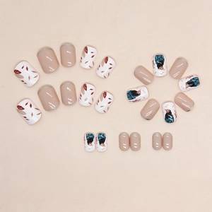 Short square French press-on nails with autumn leaf prints and retro art designs