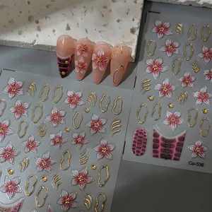 5D Relief Nail Art Stickers Cherry Blossom Floral Gold Foil Line Crocodile Pattern Waterproof DIY Manicure Decoration