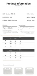 Detailed size chart for cotton shirt and shorts set with dimensions in S, M, L