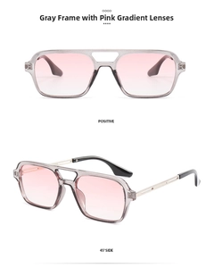 Detailed views of double-bridge sunglasses with gray frames and pink gradient lenses
