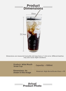 Size chart for 1000ml glass straw cup with 10cm diameter and 21.5cm height specs