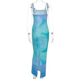 Detail of slim fit back slit long dress featuring blue and green marble print pattern