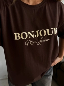 T-shirt oversize en coton marron avec imprimé Bonjour Mon Amour pour femme